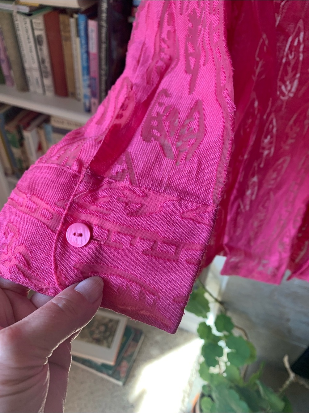 Mirasol Linen Rayon Hot Pink Sheer Button-Down Blouse - Picture 3 of 9